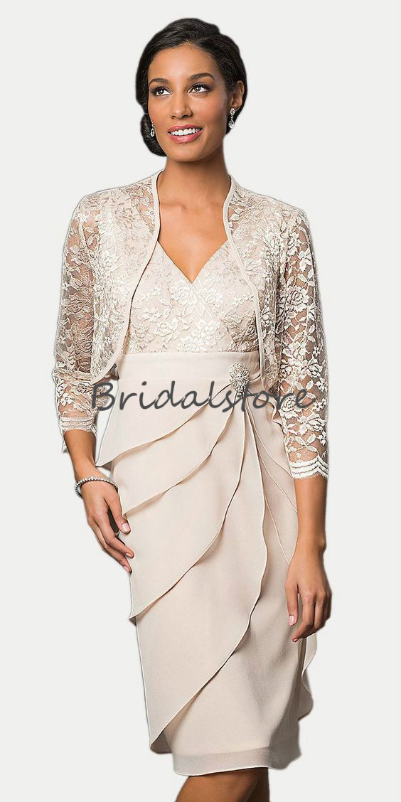 Bohemian Two Piece Mother Of The Bride Dresses Knee Length Chiffon Ruffles Evening Gowns With Boleros Jackets Cheap Groom Mother Outfit Suit
