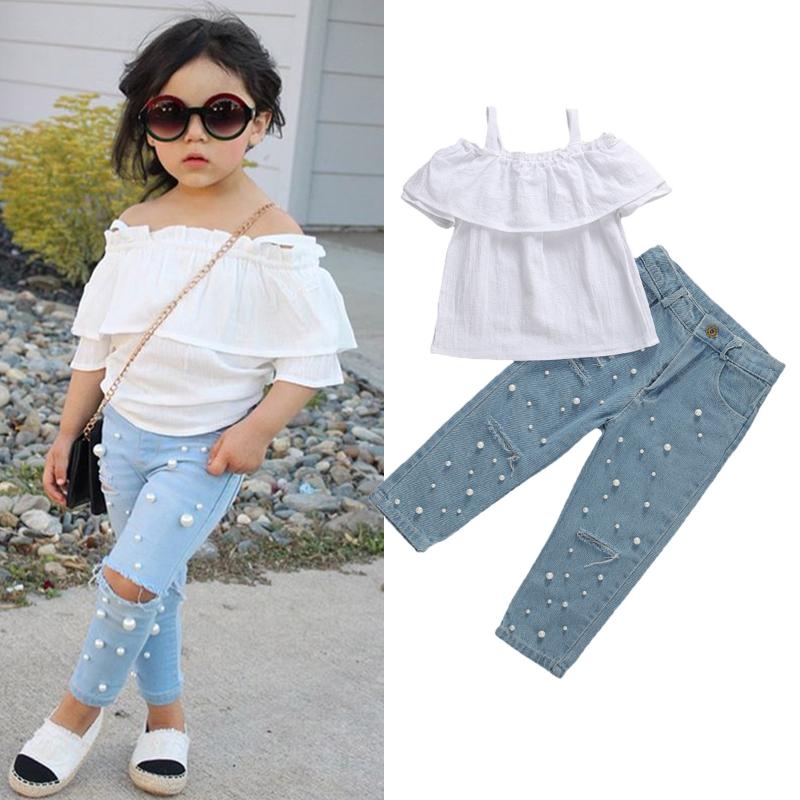 Toddler Kid Girls Clothes Set Summer White Ruffles T shirts Pearl Denim Pants Teenager Girls Costumes, As pic
Toddler Kid Girls Clothes Set Summer White Ruffles T shirts Pearl Denim Pants Teenager Girls Costumes, As pic