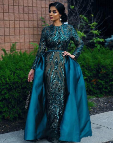 Hunter Teal Mermaid Prom Dresses with Long Sleeve 2019 Muslim Arabic Jewel Neck Detachable Train Lace Stain Formal Evening Gown