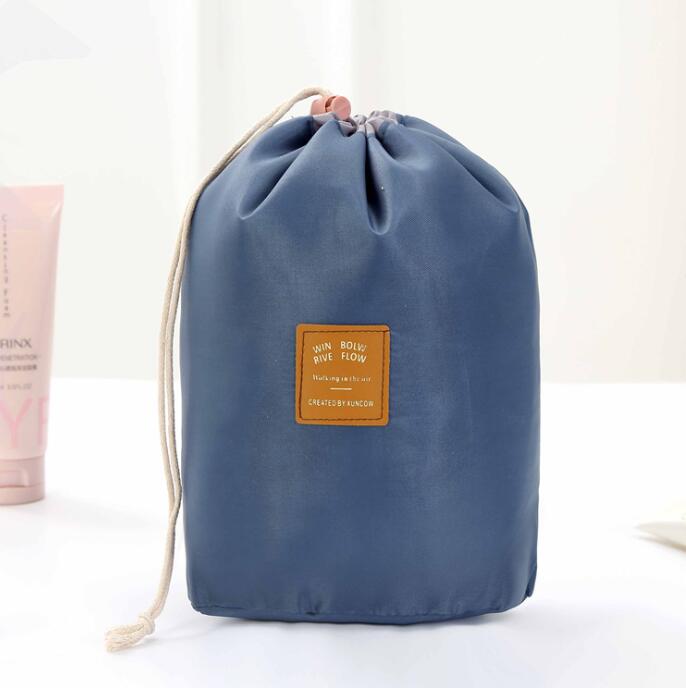 

2pcs Barrel Shaped Cosmetic Bag Women Nylon Plain Blank High Capacity Drawstring Wash Bags, As photos