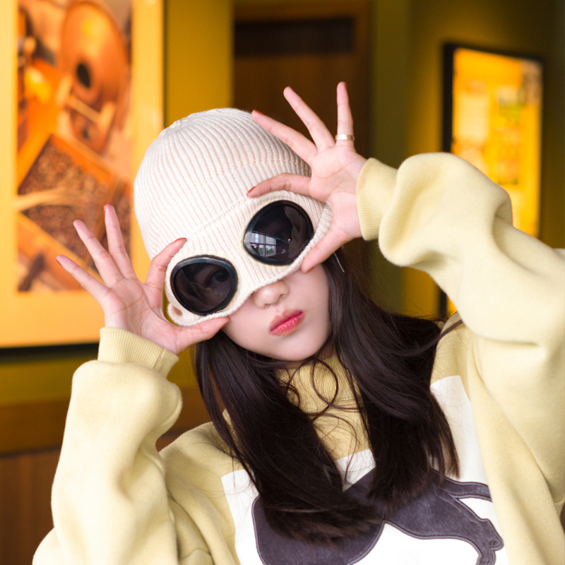 Women Men Double-use Thickened Hats Winter Warm Knitted Beanies Outdoor Ski Cap Sunglasses Accessories Adult Cap