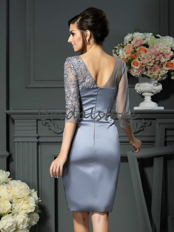 Stylish Gray Knee Length Mother Of The Bride Dresses Sheath Pleated Appliques Young Mom Evening Party Gowns With Short Sleeves 2019 Cheap