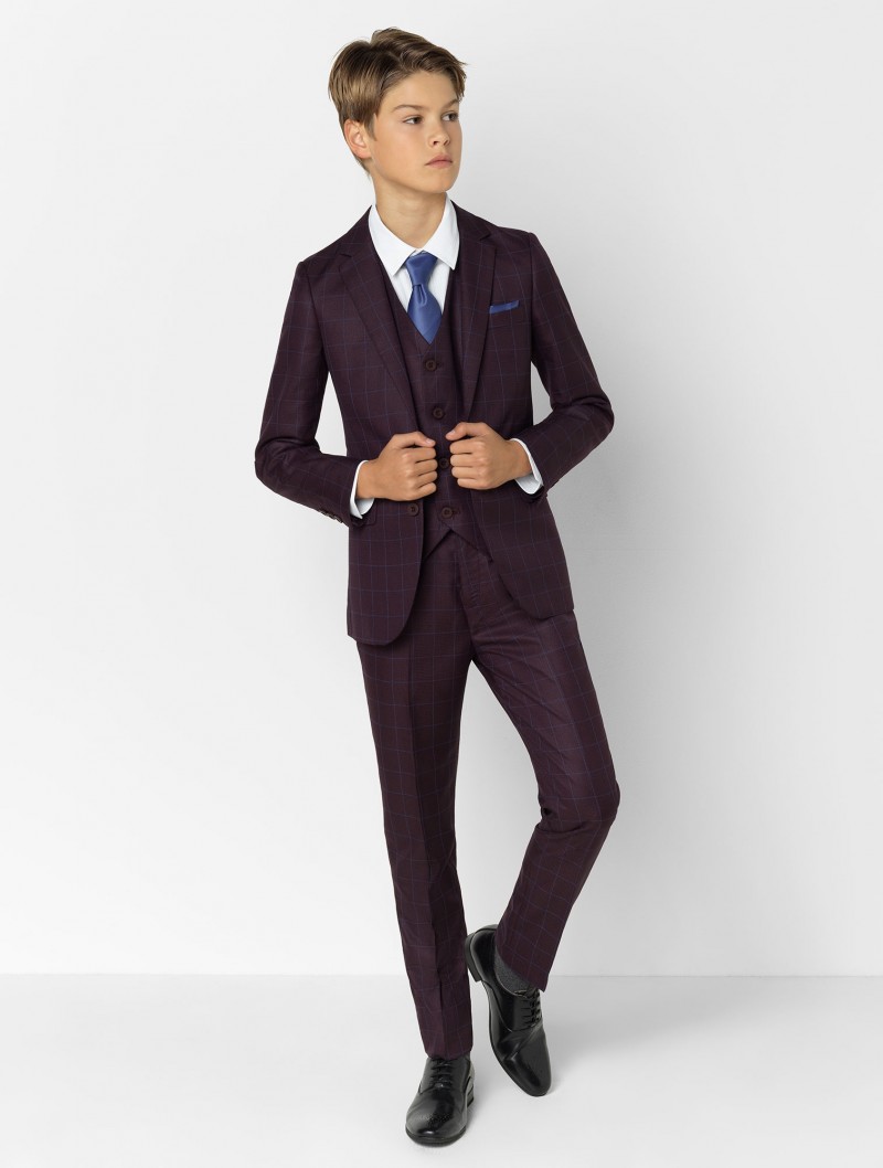 Boys Burgundy Check Suit Dinner Suits Boys Suits Tuxedo for Kids Great Quality Formal Occasion Suits For Little Men Three Pieces Fantastic