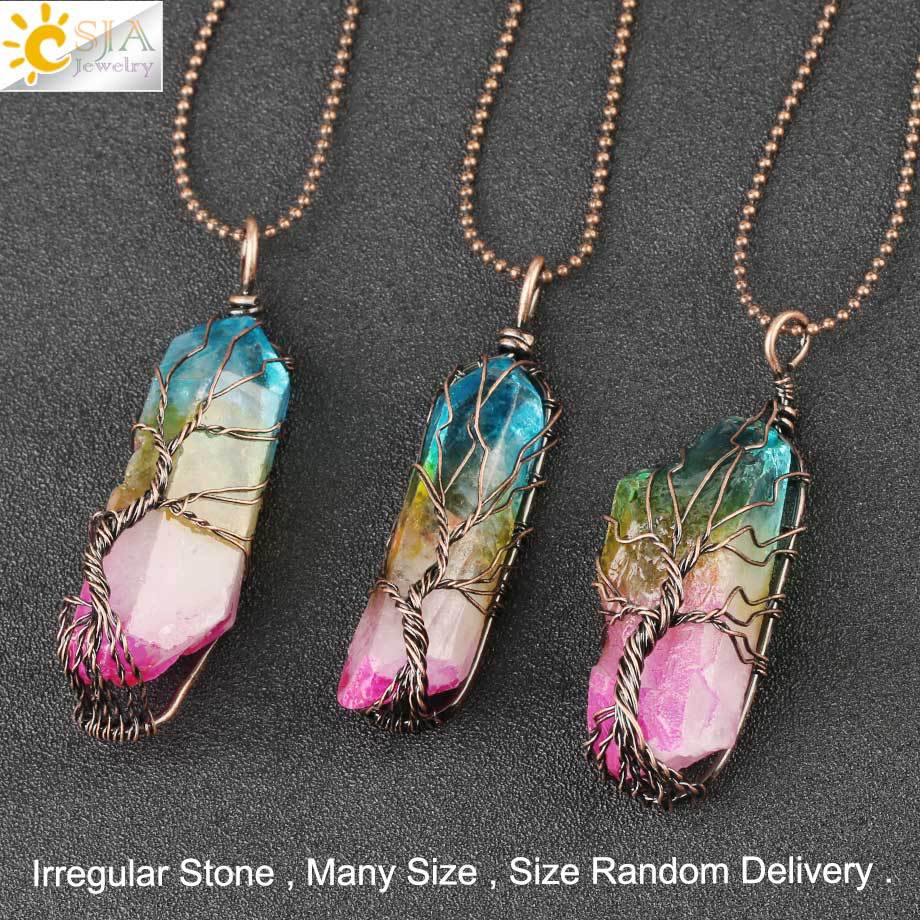Vintage Reiki Natural Stone Crystal Pendant Necklace Women Men Wire Wrap Tree of Life Pendants Pendulum Gems Rainbow Jewelry