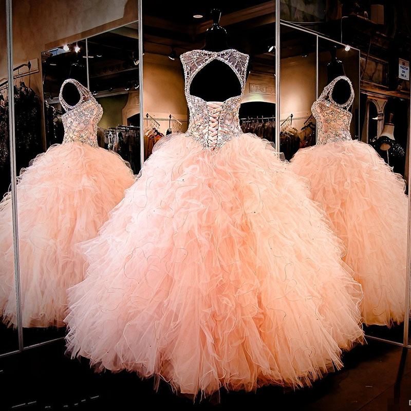 Rhinestone Crystals Blush Peach Quinceanera Dresses Sexy Sheer Jewel Sweet 16 Party Gowns Ruffles Princess Prom Ball Party Gowns