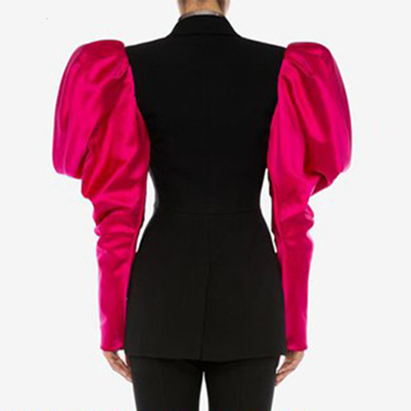 TWOTWINSTYLE Patchwork Hit Color Women's Blazer Puff Sleeve Notched Female Blazers 2019 Autumn Plus Size Fashion New Clothing CJ191209