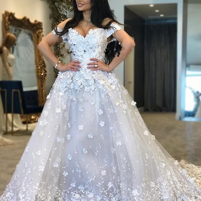 Saudi Arabic Wedding Dresses 3D Floral butterfly Puffy White Pure Lace Up cathedral train Vestido De Noiva Casamento gelinlik Bridal Gowns