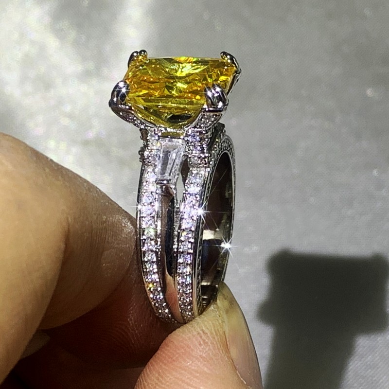 Victoria Classical Jewelry 925 Sterling Silver Princess Cut Yellow Topaz CZ Diamond Eiffel Tower Promise Women Wedding Engagement Band Ring