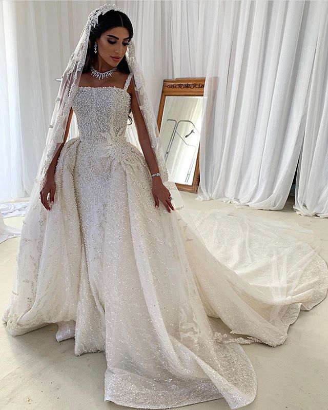 2020 Bohemian New Arrival Detachable tail Mermaid Wedding Dresses Spaghetti Satin Lace Applique Bridal Gowns Zipper Sweep Train Wedding Gown