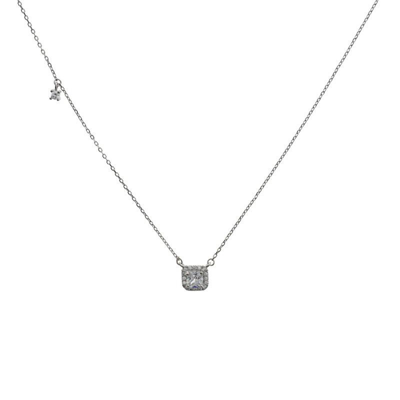 New Simple 925 Sterling Silver Necklaces&Pendants Authentic Silver White CZ Zircon Square Pendant Necklace For Women
