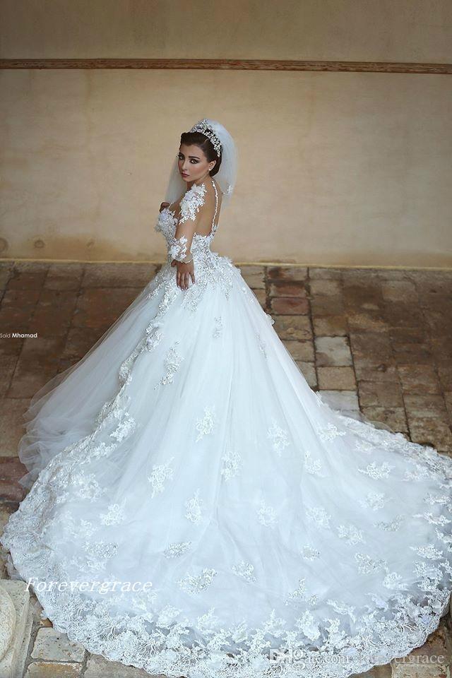 2019 Romantic Long Full Sleeves Appliques Wedding Dress Vintage Sheer Neck Bridal Gown Plus Size Custom Made Vestido De Noiva Longo