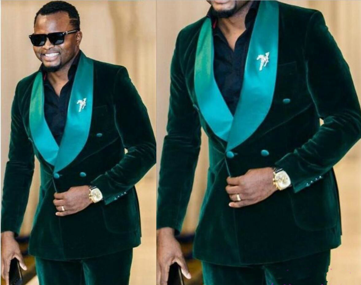 Velvet Green Mens Suits With Shawl Lapel Jacket+Pants Top Quality Wedding Tuxedos Custom Made Formal Suit Groom Wear Evening Dress