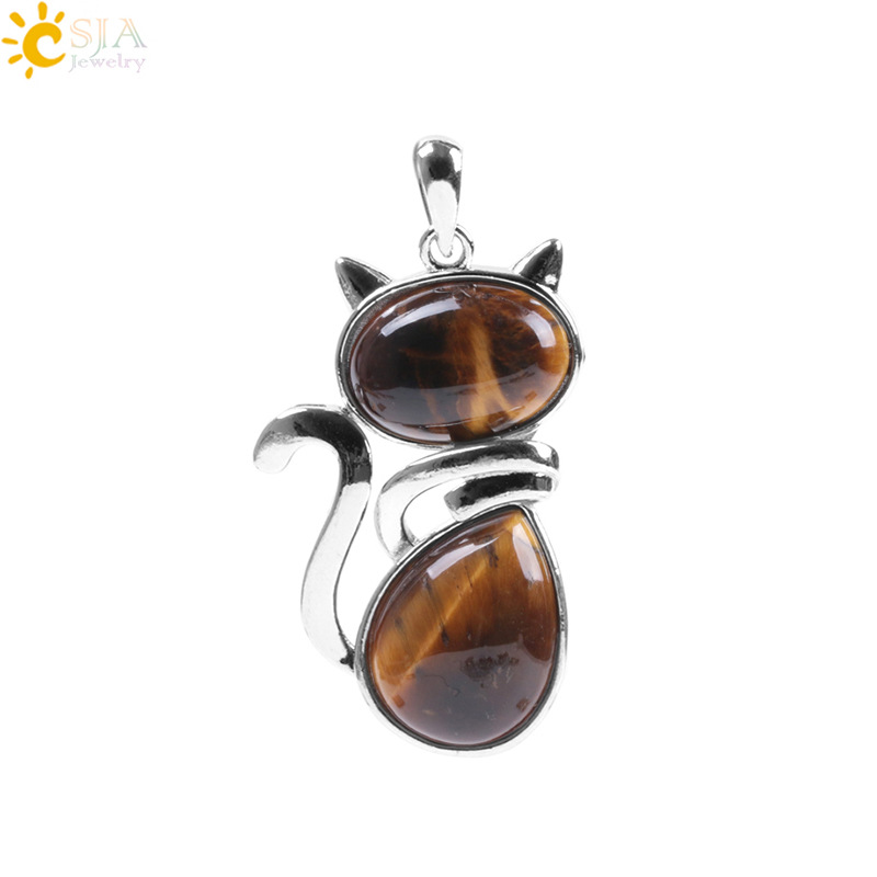 Natural Stone Necklaces Pendants for Women Girl Cute Cat Shape Rock Pink Quartz Black Onyx Beads Chain Reiki Jewelry