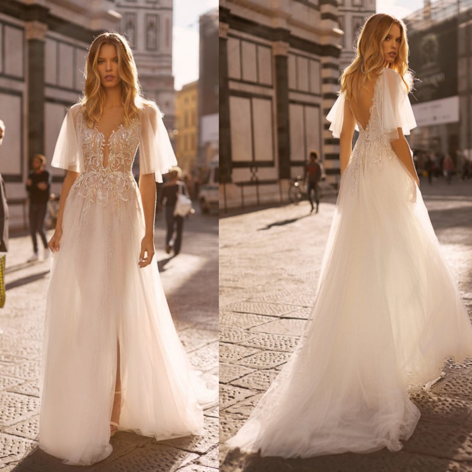 Bohemian 2020 A Line Wedding Dresses V Neck Lace Appliqued Beach Boho Half Sleeve High Side Split Beads Bridal Gowns Vestido De Novia