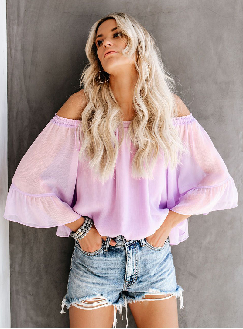 hot sale Sexy Women Casual Boho Off Shoulder Shirt Summer Crop Tops white chiffon shirt trumpet sleeves female harajuku Elegant Blouse