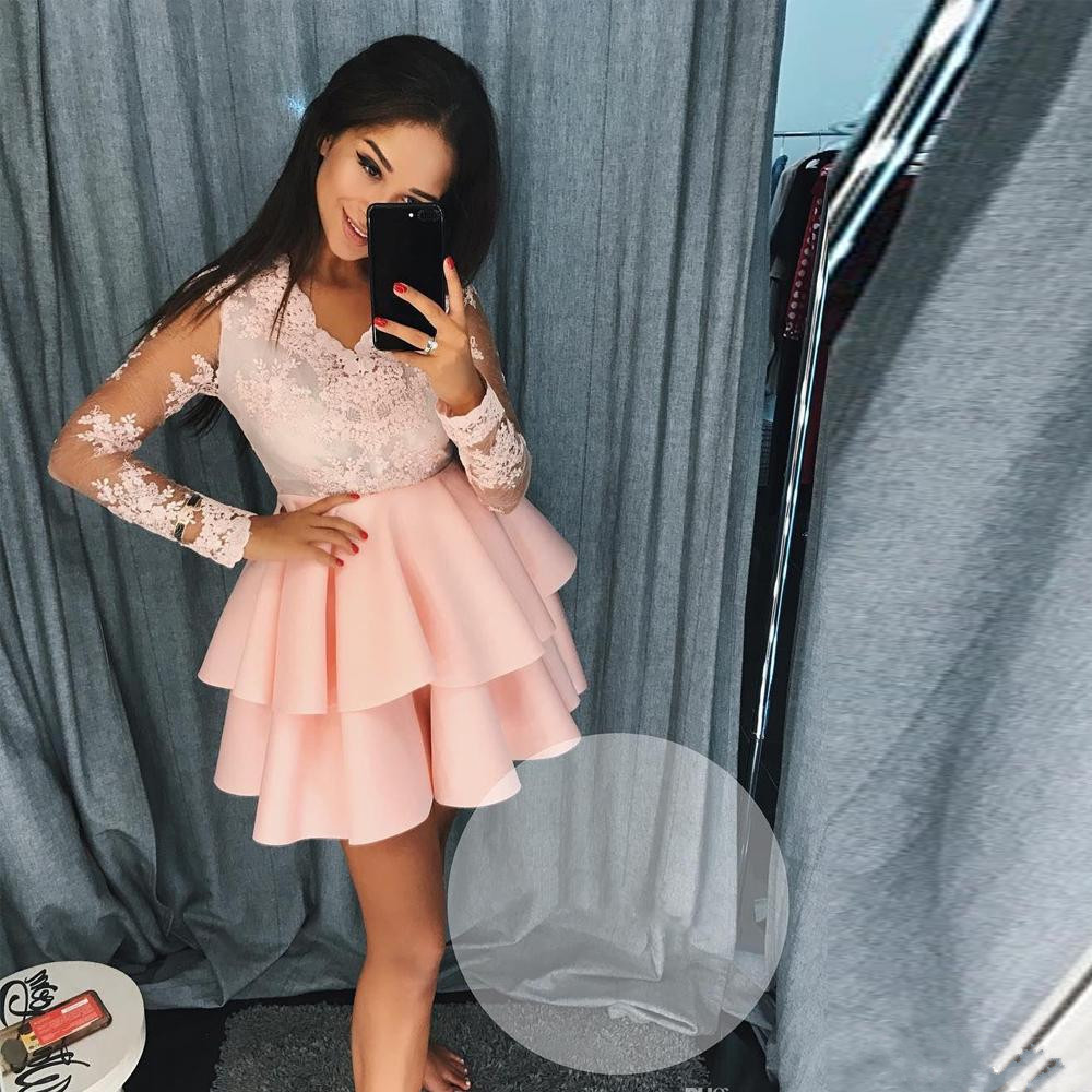 Cheap A Line Blue Homecoming Dresses 2019 V Neck Long Sleeve Appliques Sequin Ruched Bottom Party Skirt Girls Cocktail Dress