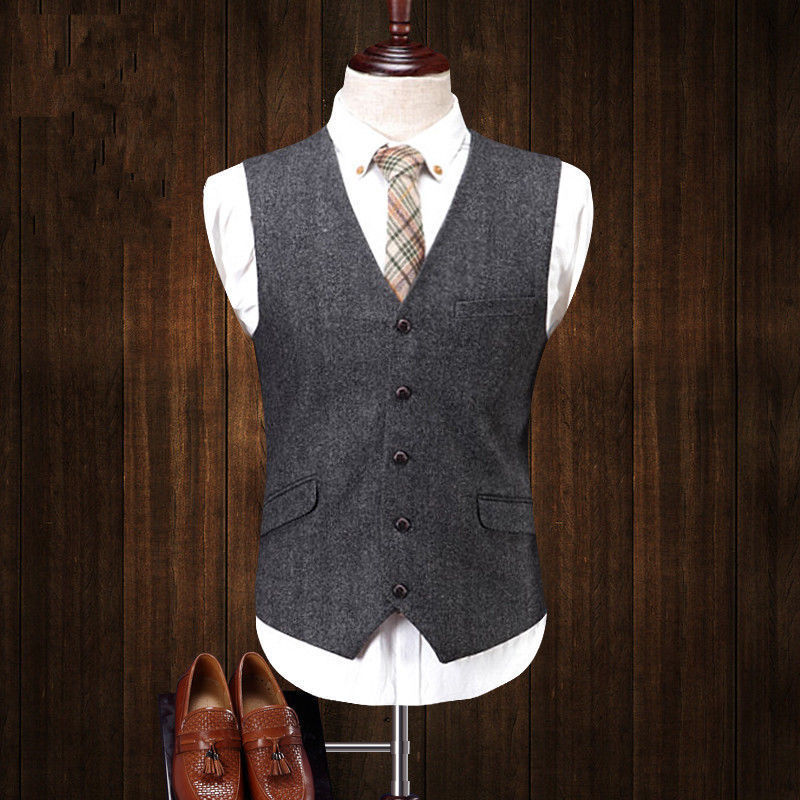 Mens Two Button Wool Tweed Suit Jacket Vest Pant 3 PCS Dark Gray Custom Made Formal Suits Wedding Tuxedos Business Men