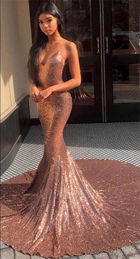Rose Gold Sequins Mermaid Prom Dresses Black Girls Sexy Backless Pageant Gowns 2019 Spaghetti Strap African Party Long Prom Gowns Vestidos