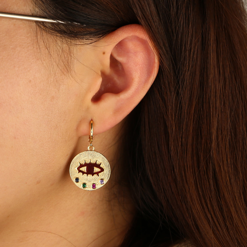 Gold plated round coin drop earring with rainbow cz evil eye engraved fashion women jewelry earrings