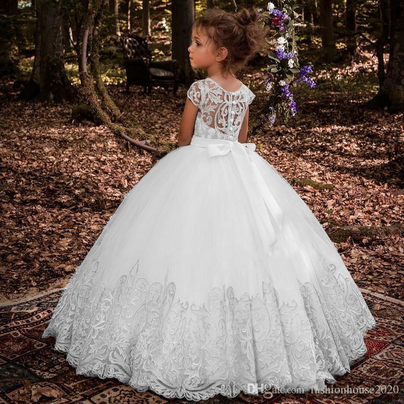 Princess Jewel White Neck Cap Sleeves Beaded Lace Applique Sash Child Pageant Gowns Flower Girl for Weddings Dresses