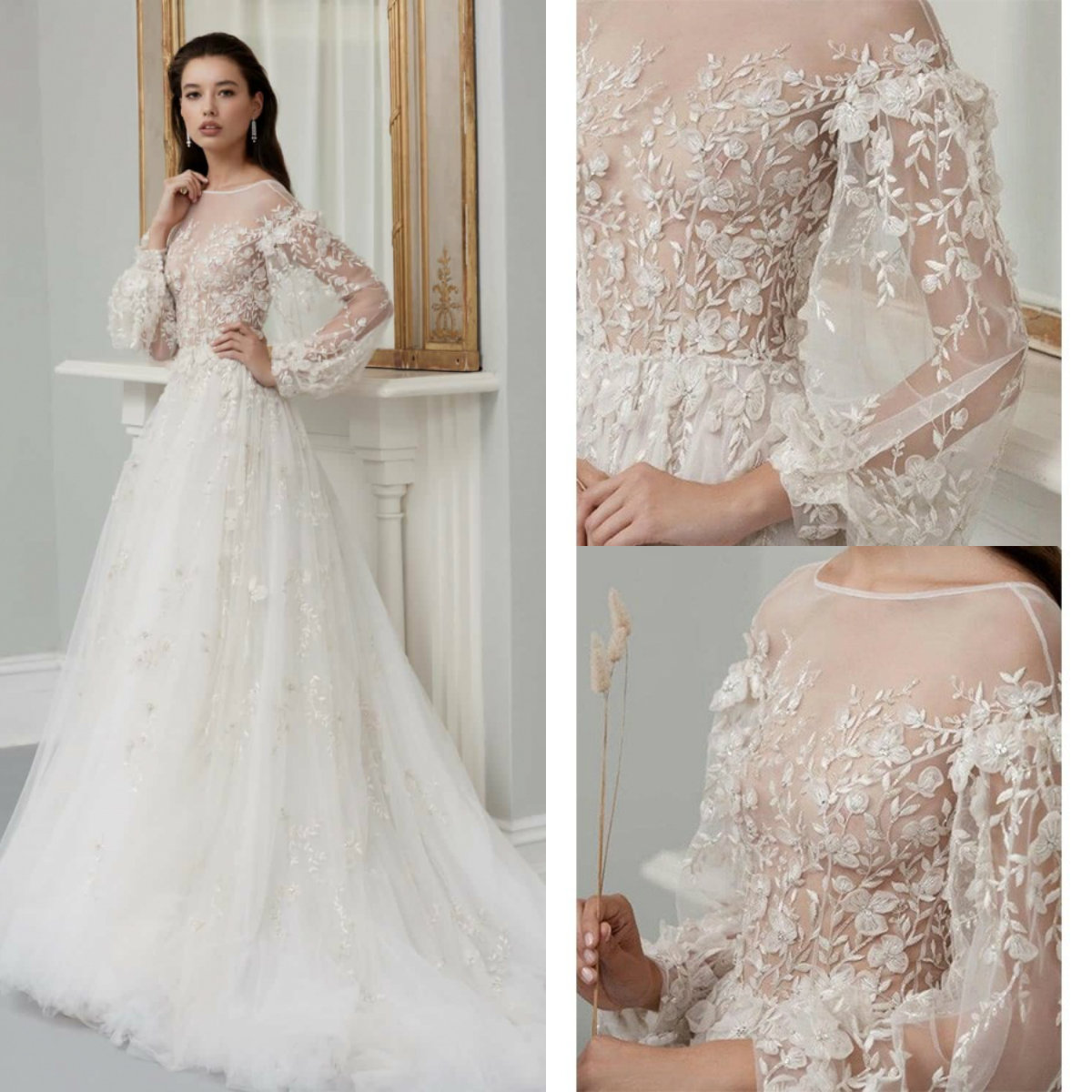 Lace Dresses Jewel Neck 3D ral Appliques A e Long Sleeve Illusion Bodice Beach Wedding Dress Custom Made Bead Bridal Gown