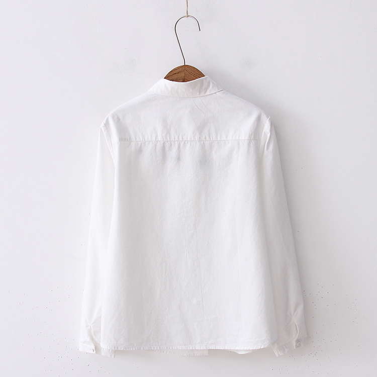 2020 White 100% Cotton Women School Shirt Letter Floral Embroidery Blue Tops Ladies Blouses Long Sleeve Female Office Shirt