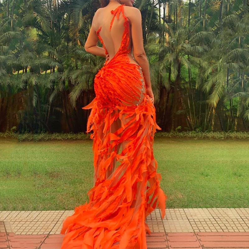 2020 Designer Orange Prom Dresses With Long Train Jewel Neck Ruffles Sexy Evening Dress Custom Made Short Formal Party Gowns