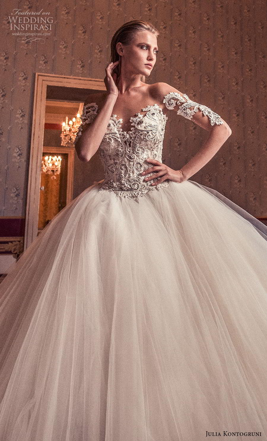 Vintage 2019 Julia Kontogruni Wedding Dresses Off Shoulder Sheer Neck Long Sleeve Lace Appliques Beads Ball Gowns Bridal Gowns Custom