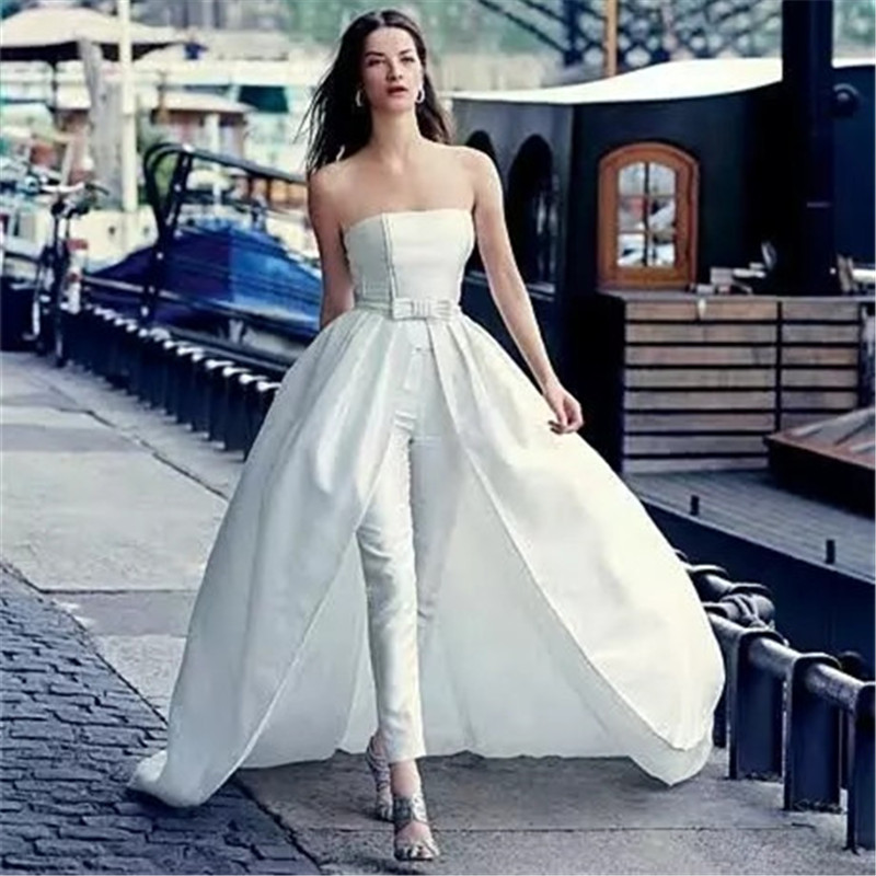 White Satin Jumpsuits Prom Dresses Strapless Formal Evening Gowns Jewel Floor Length Detachable Train Sleeveless Party Dress