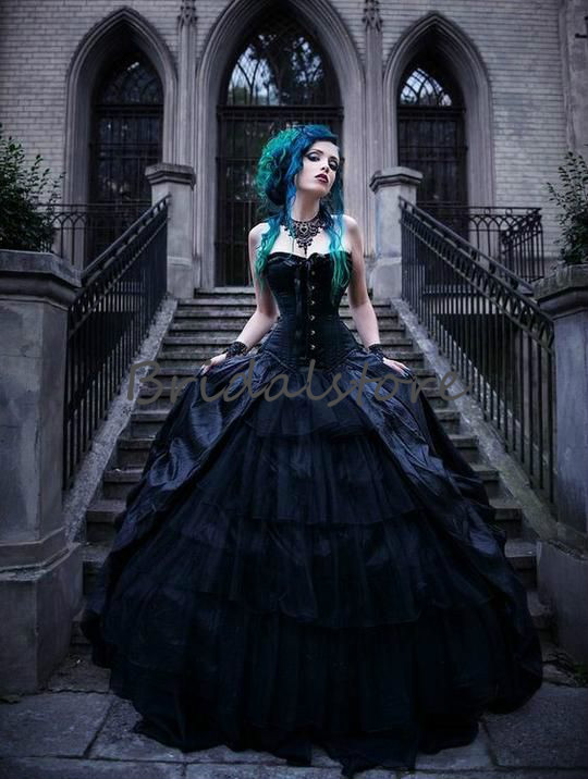 Vintage Black Victorian Gothic Wedding Dresses Corset Strapless Vampires Punk Style Country Wedding Dress Plus Size Evil Queens Bridal Gowns