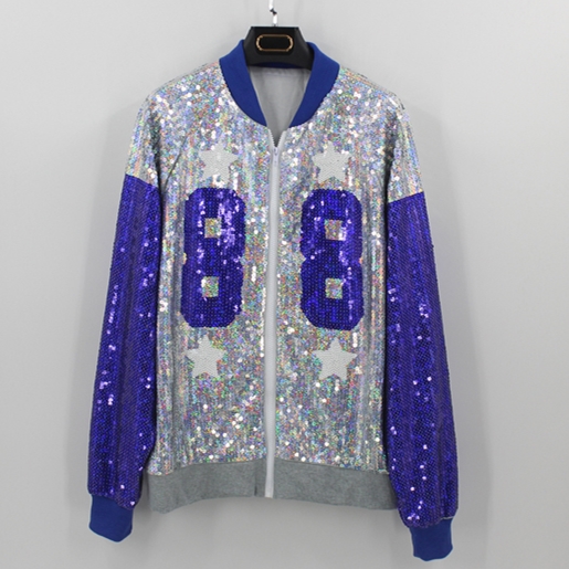 Streetwear Casual Oversized Loose Hip-Hop Logo Sequined Bomber Jacket Clubwear Women Long Sleeve Front Zipper Sequin Coat
