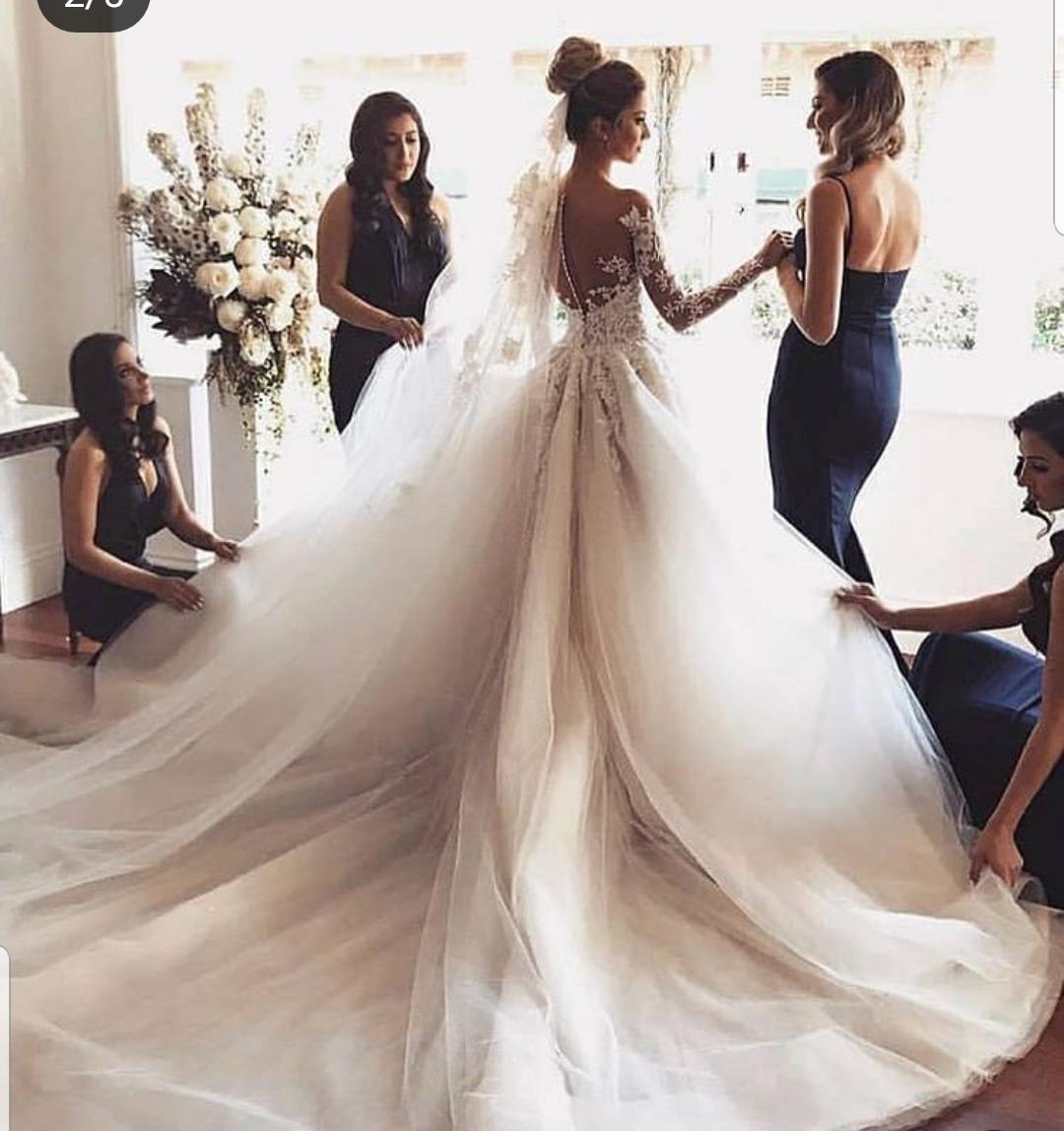 A Line Elegant Dresses Sheer Jewel Neck Lace Appliqued Pearls Country Bridal Gowns Custom Made Beach Wedding Dress