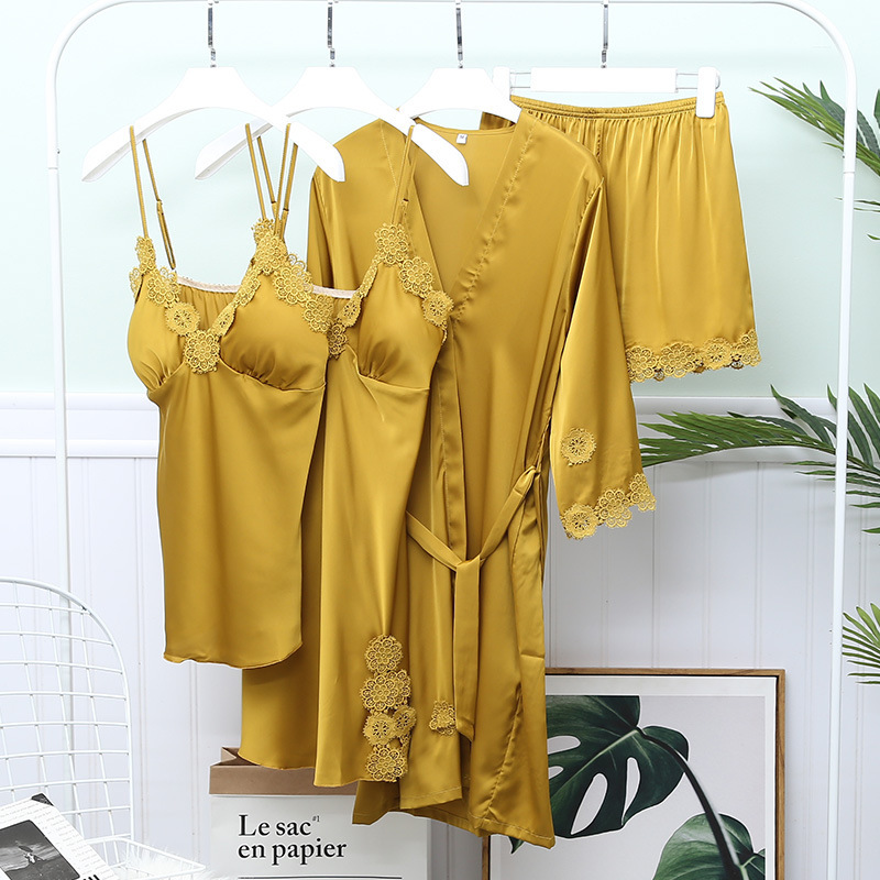 Spring New Pajamas Woman Sexy Ice Silk 4 Pcs Set Long Sleeve With Chest Pad Pajama Set, Yellow
Spring New Pajamas Woman Sexy Ice Silk 4 Pcs Set Long Sleeve With Chest Pad Pajama Set, Yellow