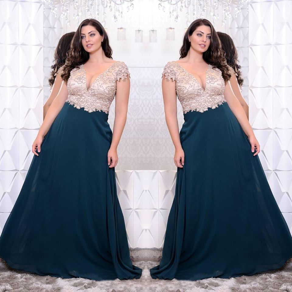 Charming Plus Size Evening Dresses Deep V-Neck Beading Prom Gowns A-Line Floor Length Chiffon Appliques Formal Dress SD3371