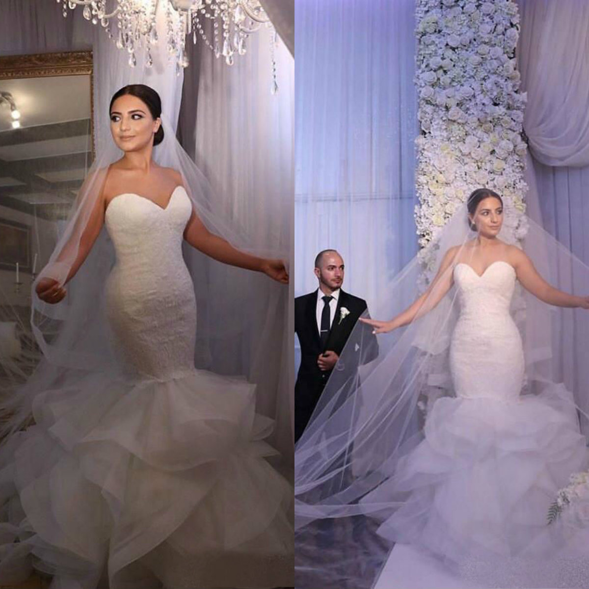Luxury Dubai Arabic Mermaid Wedding Dresses 2019 Sweetheart Lace Appliques Tiered Ruffles Tulle Plus Size Wedding Dress Boho Bridal Gowns