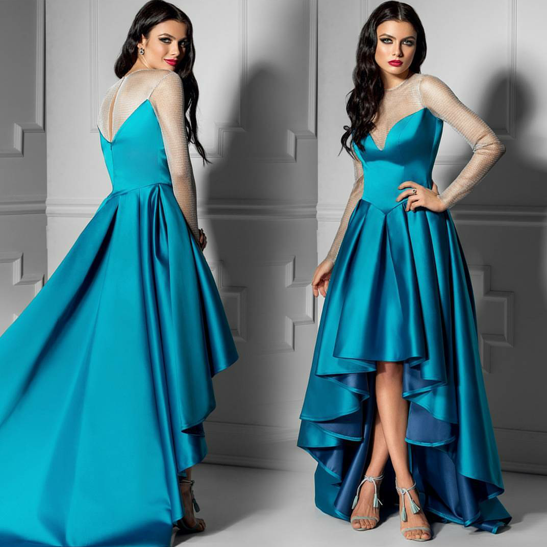 Simple Long Sleeve Prom Dresses Custom Made Bien Savvy Sheer Neck Stain Evening Dress Cheap Bridal Gowns Formal Party Dresses