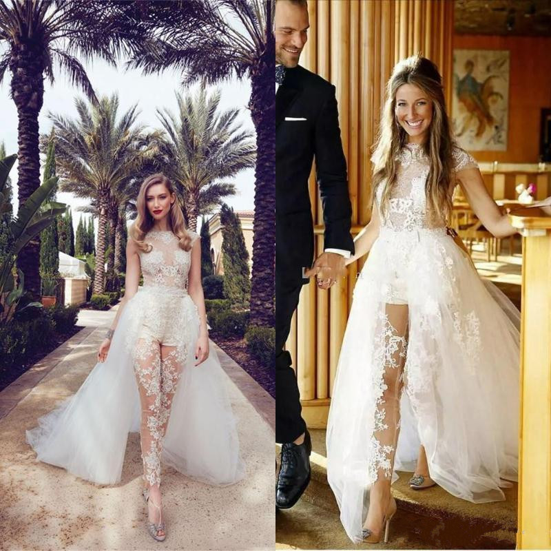 illusion jumpsuits wedding dresses with detachable train lace appliques cap sleeves tulle overskirt with pocket bridal gowns