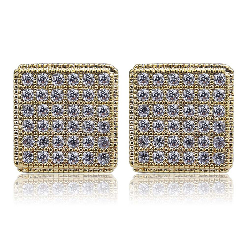 Geometric Fashion Earrings for Men  Gold-Plated Square Studs with White Zircon Stones