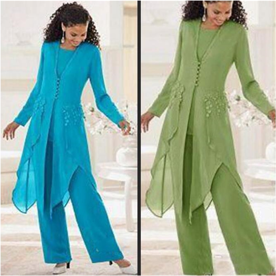 Hot Sale Elegant Chiffon With Long Sleeves Jewel Neck Ruffles Mother Of the Bride Pant Suits Mother Suits with Jacket