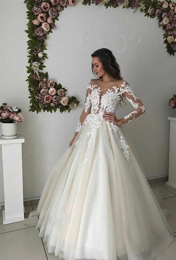 Cheap Sheer Long Sleeve Wedding Dress High Quality A Line Lace Appliques Country Garden Church Formal Bridal Gown Custom Made Plus Size