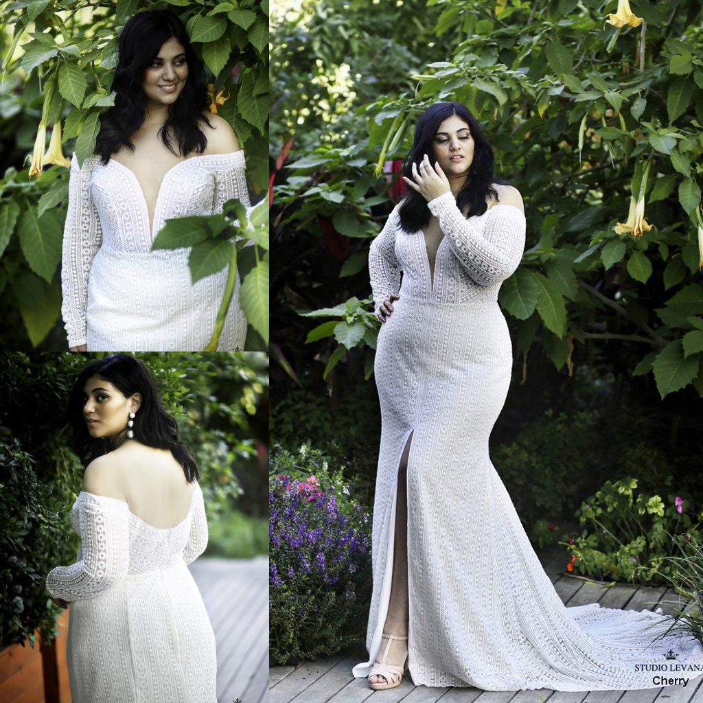 plus size front split mermaid wedding dresses lace appliqued off the shoulder long sleeve bridal gowns wedding dress vestido de novia