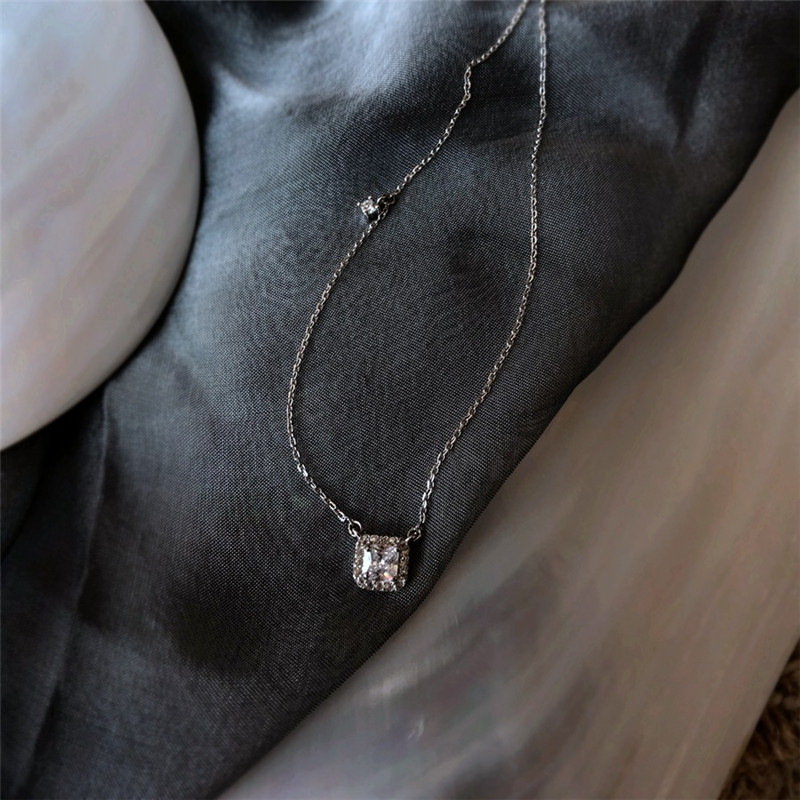 New Simple 925 Sterling Silver Necklaces&Pendants Authentic Silver White CZ Zircon Square Pendant Necklace For Women