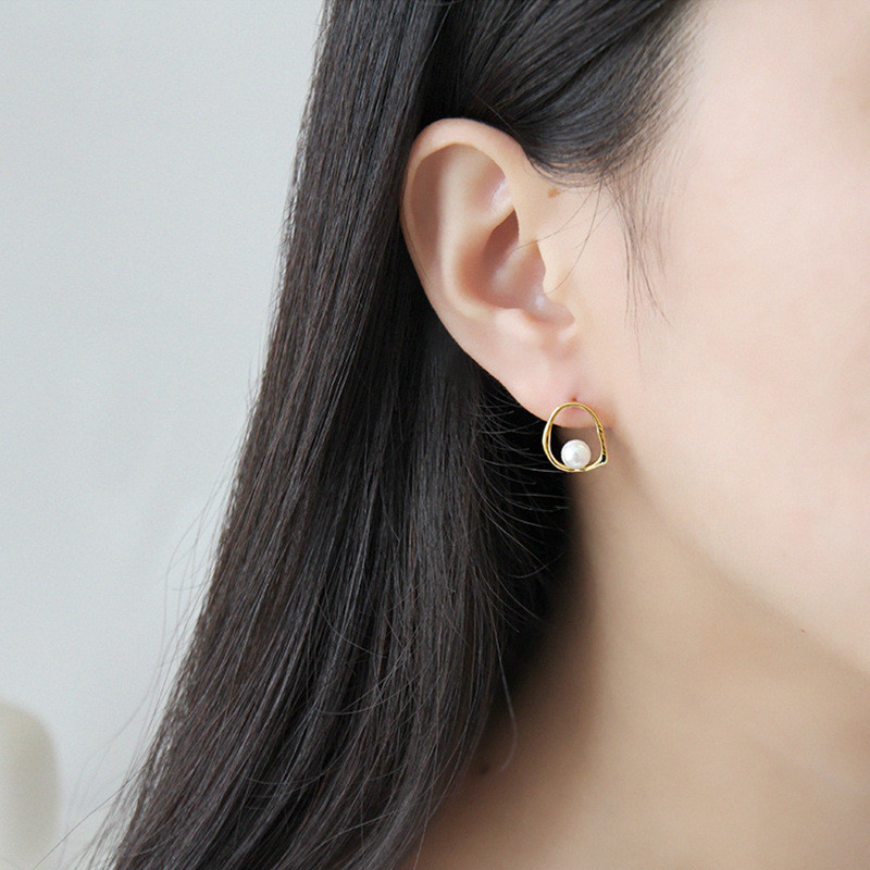 100% 925 Sterling Silver Hollow Irregular Geometric Circle Pearl Stud Earrings For Women New Wedding Party Gifts 18k Gold Color