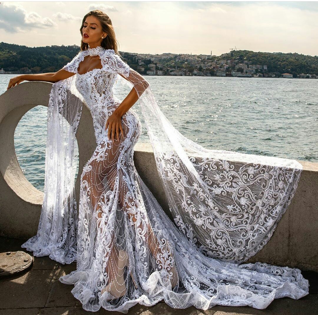 2020 Sexy Arabic Mermaid Wedding Dresses With Wrap Sweep Train Lace Appliqued Beach Wedding Dress Illusion Custom Made Country Bridal Gowns
