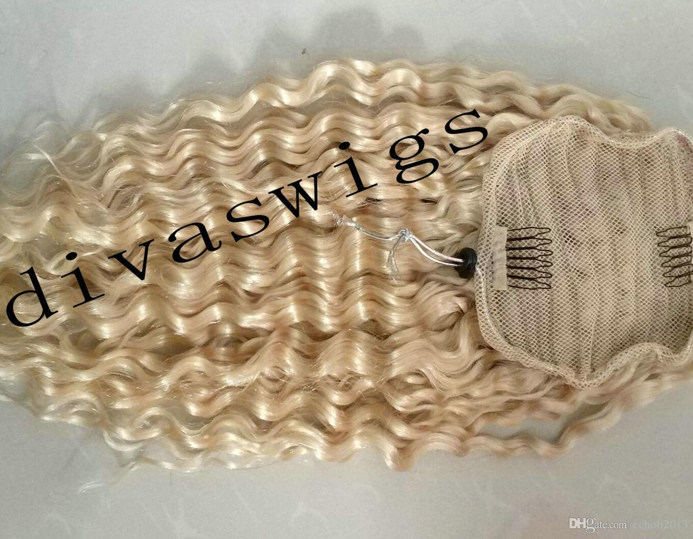Wholesale-High Quality 16" Long Curly Human Hair Ponytail Extension White Blonde Clips In On Hair Drawstring Ponytail Hairpieces Free Ship