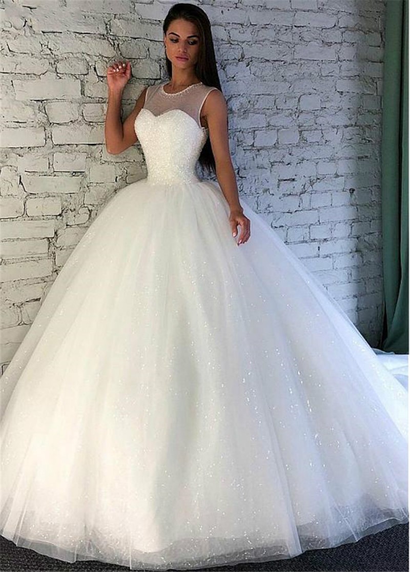 Shining Sequin Tulle Jewel Neckline Ball Gowns crew Wedding Dress with Beadings bodice Sleevelss Bridal Gowns Vestido De Festa Longo