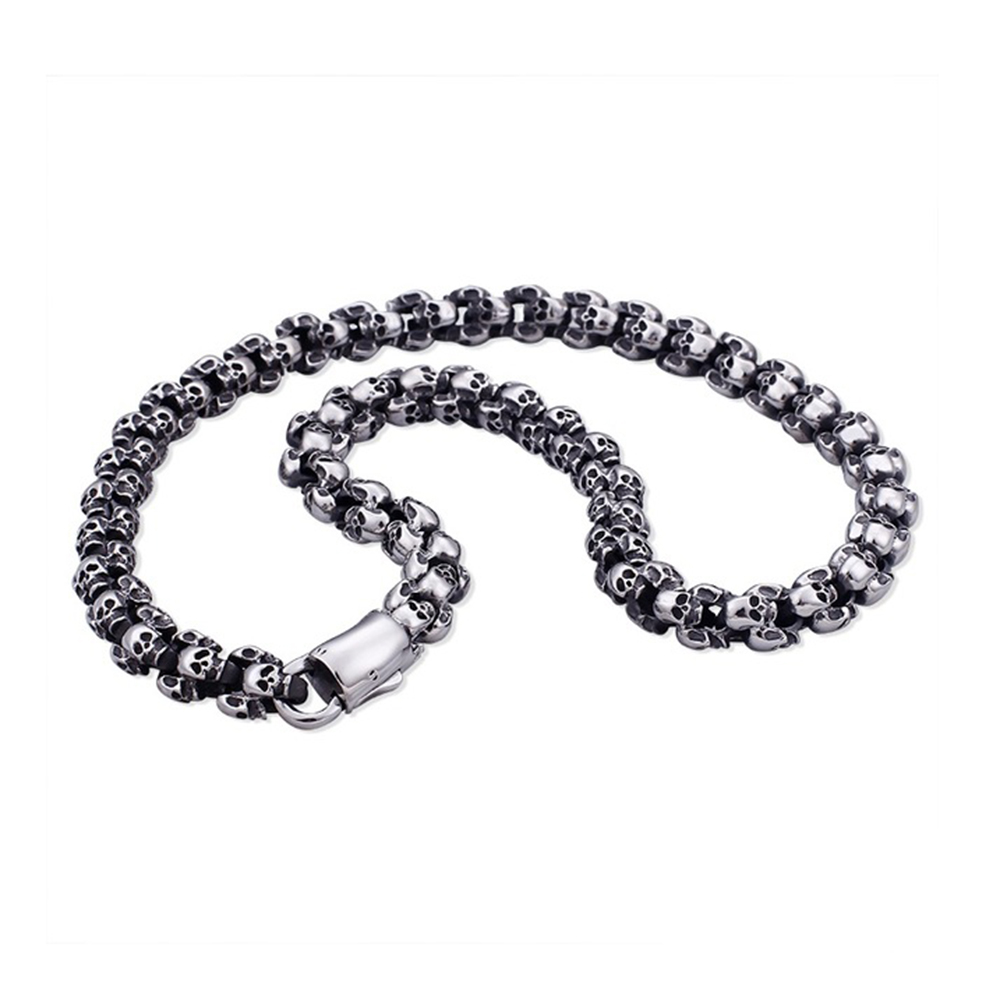 Punk Long Matte Skull Necklace For Men Women Gold Stainless Steel Brushed Viking Skeleton Charm Bike Biker Link Chain Necklace Male Gothic Jewelry