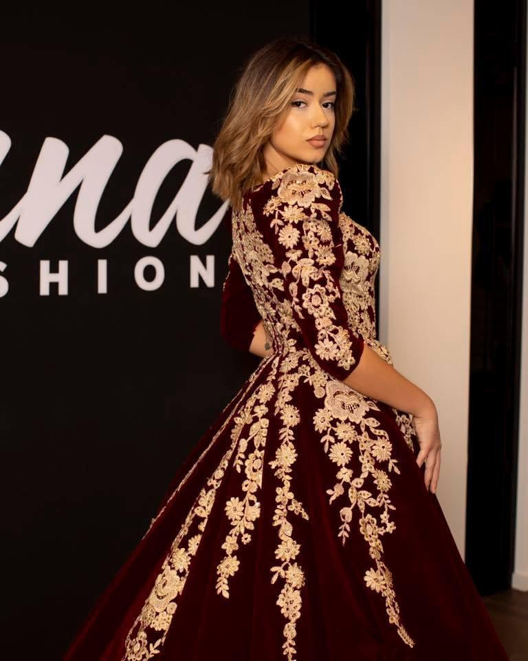 burgundy velvet prom dresses kaftan caftan evening formal dress half sleeve gold luxury lace applique arabic dubai abaya occasion gowns