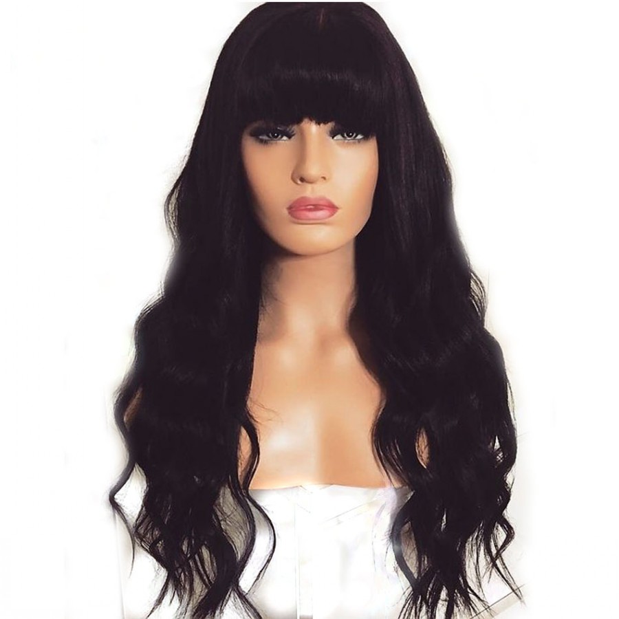 Long natural simulation human hair wig Long body wave black/dark brown /blonde Synthetic Wig For black Women With Flat Bangs