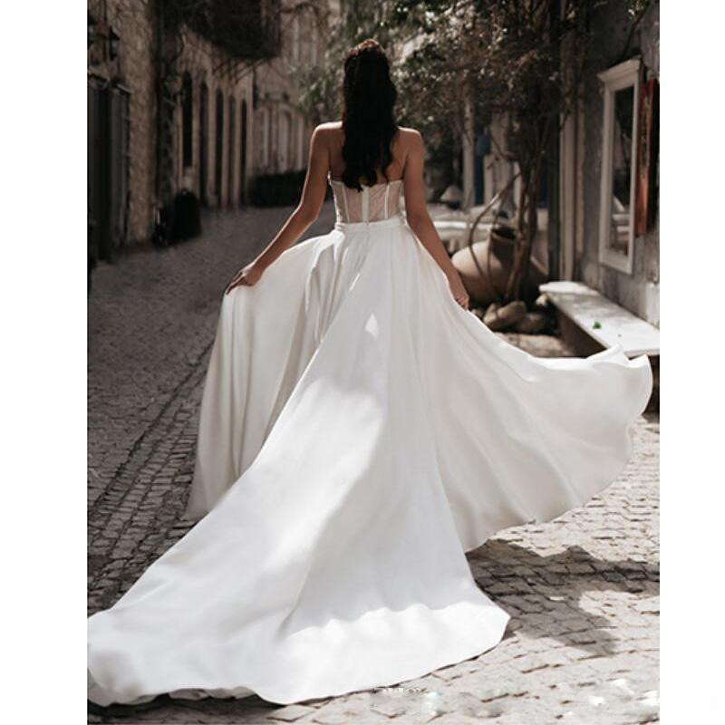 Modest Jumpsuit Dresses with Detachable Train Sweetheart Pants Bridal Gowns Satin Lace Appliques Beach Wedding Dress